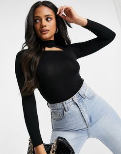 high neck top with slash detail in black