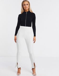 split front slim pants in white