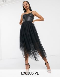 exclusive corset top layered tulle midi dress in black
