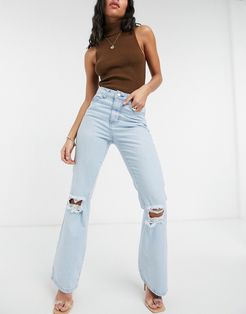high waist flares with ripped knees in light blue-Blues