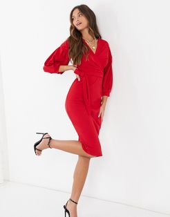 plunge front puff sleeve midi dress in red