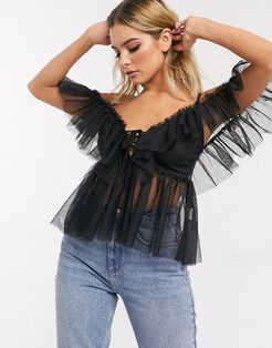 plunge lace up front tulle cold shoulder ruffle top in black