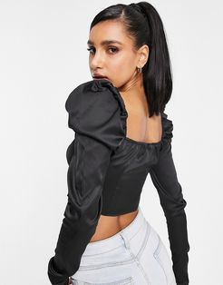 square front puff sleeve top in black