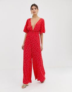 wideleg ditsy print jumpsuit-Red