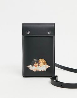 vintage angels embossed phone pouch in black