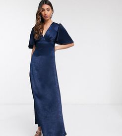 exclusive plunge satin maxi tea dress with flutter sleeve in navy