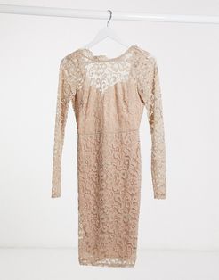 lace midi dress with scalloped back in mink-Pink
