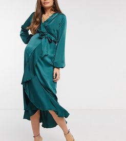 long sleeve wrap tie midaxi dress in emerald green