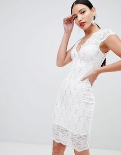 scalloped sequin lace midi dress with cap sleeve in white
