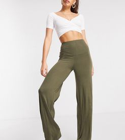 basic high waisted wide leg pants in khaki-Green