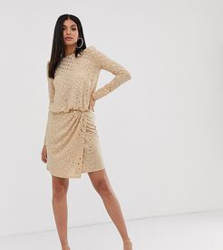 wrap front mini dress with statement shoulder in gold sequin-Black