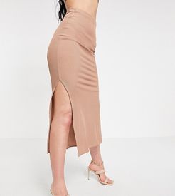 Flounce Tall ribbed midi skirt with side slits in taupe - part of a set-Beige