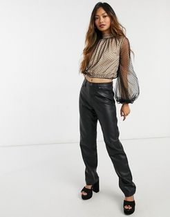 high neck gathered polka dot mesh blouse with balloon sleeves in black-Multi