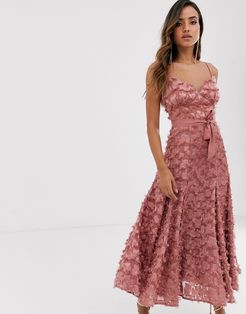 midi dress with fringe 3D fabrication in dusty rose-Pink