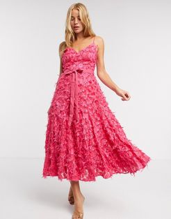 midi dress with fringe 3D fabrication in hot pink