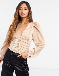 silky blouse with ruched detail in champagne-White