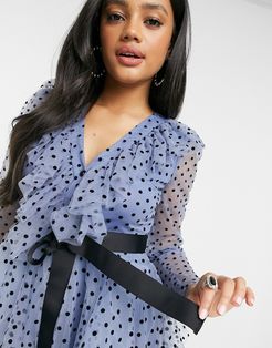 textured spot ruffle blouse with contrast waist tie in powder blue