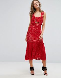 Bow Front Midi Lace Dress-Red