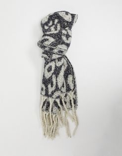 animal tassel scarf in dark gray and cream-Black