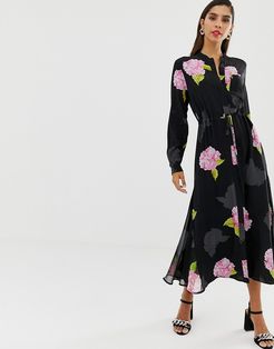 midi shirt floral bloom dress-Black