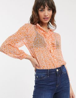 ruffle neck ditsy floral print blouse-Orange