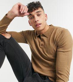 Tall knitted long sleeve polo in camel-Brown