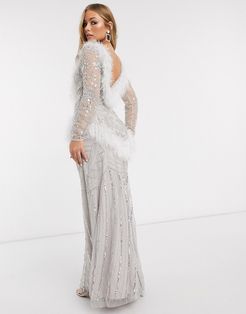 Club faux feather maxi gown with embellishment in white