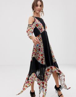 Floral Printed Velvet Hanky Hem Dress With Cold Shoulder-Multi