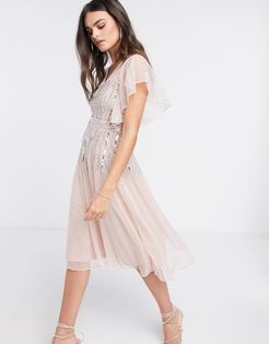 scattered sequin midi skater dress with angel sleeve in blush-Pink