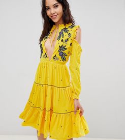 Cold Shoulder Velvet Smock Dress With Floral Embroidery-Yellow
