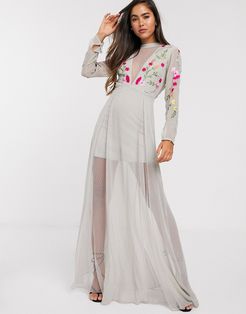 Frock & Frill embroidered maxi dress with sheer panels in gray-Grey