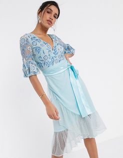 Frock & Frill fluted sleeve embellished midi dress in blue-Blues