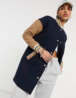 longline varsity coat in navy