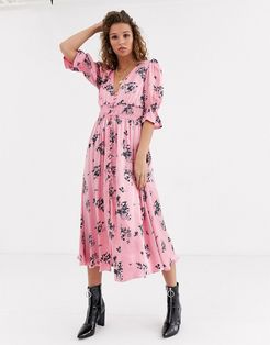 anna printed satin midi dress-Pink