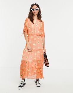 check and daisy print high neck midi dress-Orange