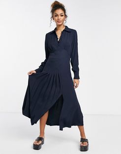 Claudette dress with long sleeves and side slit in navy