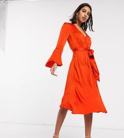 exclusive annabelle satin button front midi dress with flare sleeves-Orange