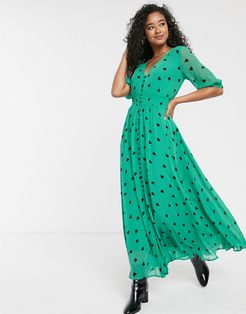 Valentina heart print maxi dress-Green