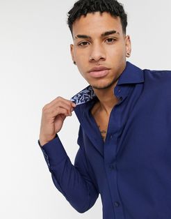 printed cuff slim fit shirt in blue-Navy