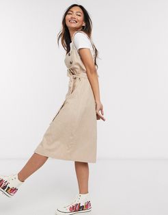 button down midi dress with tie waist detail in taupe-Neutral