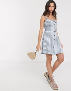 button down sun dress with belt in blue and white stripe-Blues