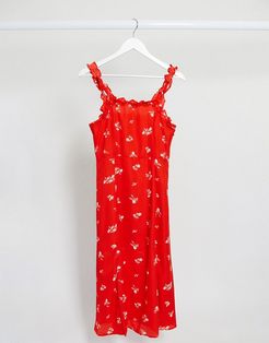 square neck midi dress with ruffle detail in red floral