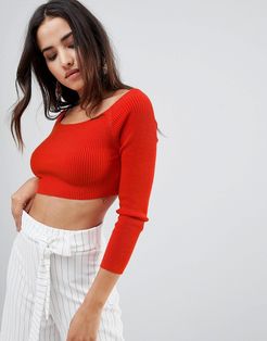off shoulder long sleeve crop sweater-Orange