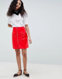 A Line Vinyl Skirt With Zip Front-Red