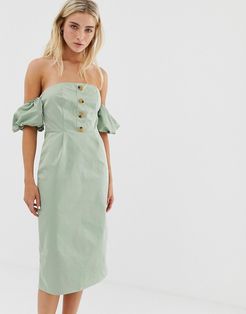 bardot midi dress with buttons-Green