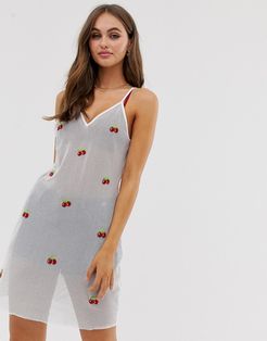 cami dress with cherry embroidery-White