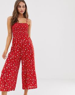 cami jumpsuit with shirring in ditsy floral-Red