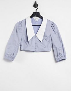 crop shirt with volume sleeves and bib collar in poplin-Blues