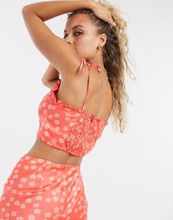 crop top with tie sleeves in floral - part of a set-Red