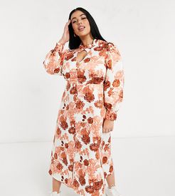 high neck midi tea dress in rose floral-Cream